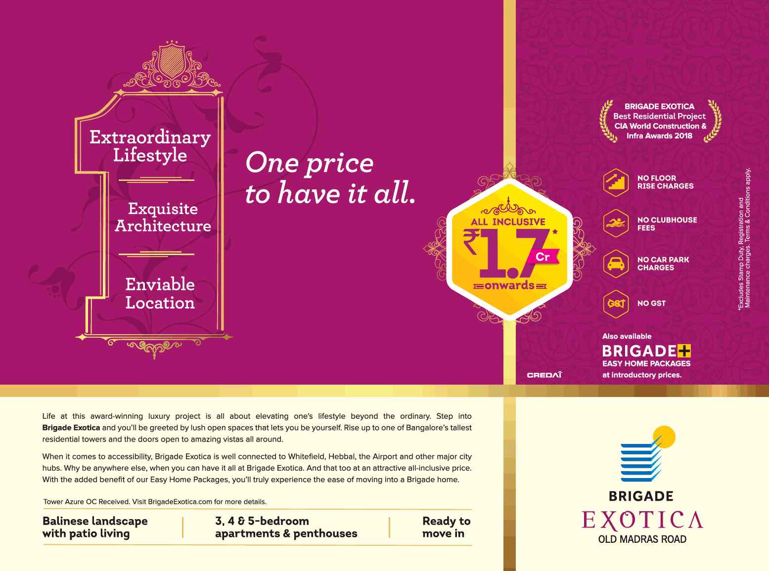 Book ready to move home @ Rs. 1.7 cr onwards at Brigade Exotica in Bangalore